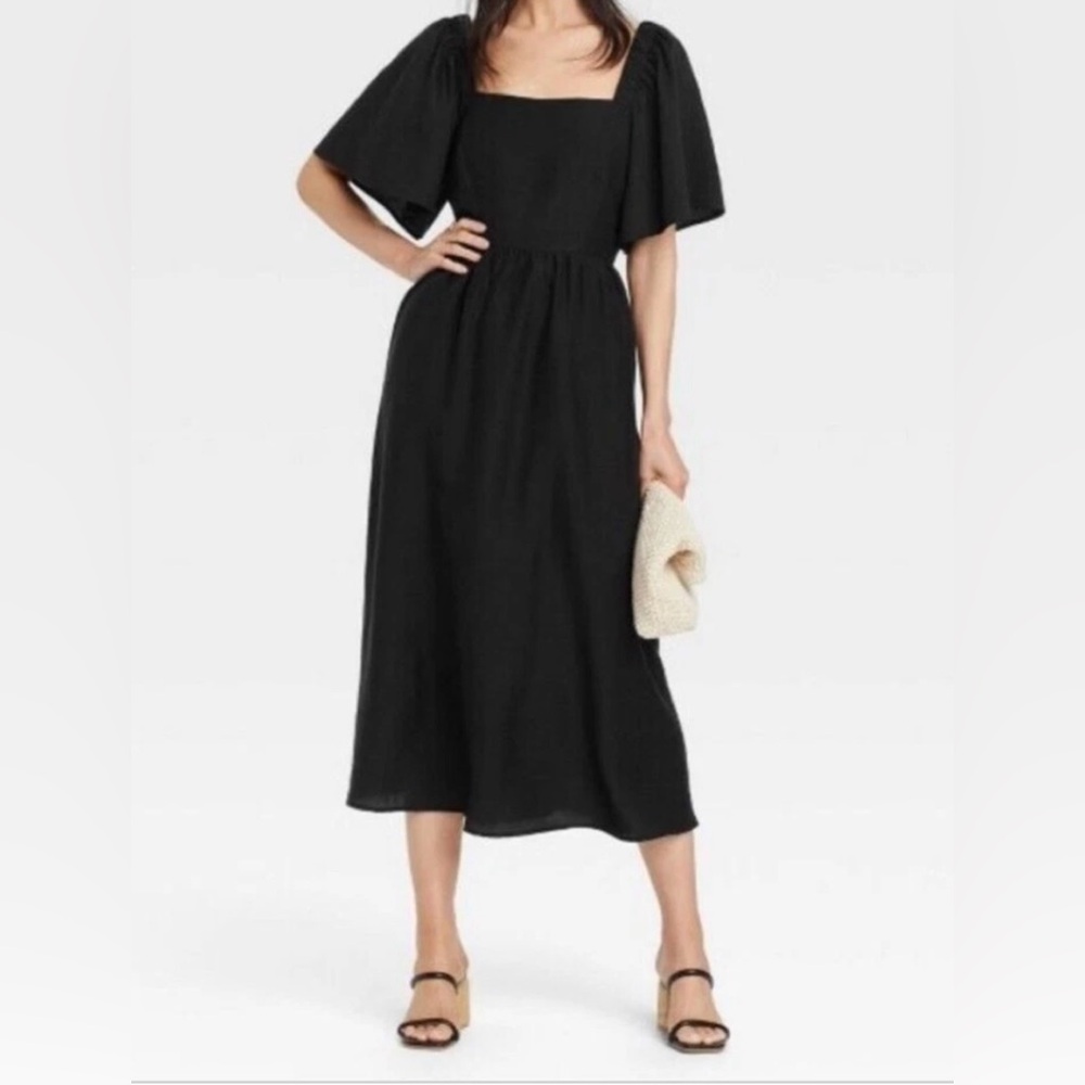 A New Day Flutter Sleeve Tie Back Square Neck Midi Dress Black Cottagecore XS